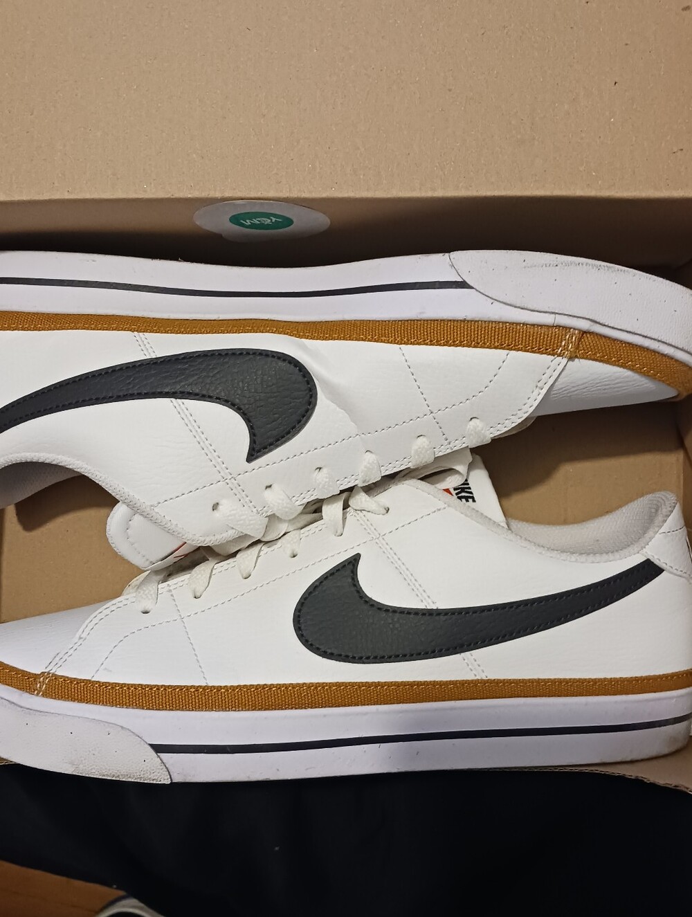 Nike Men’s White Leather Sneakers with Gray Swoosh and Brown Accent
